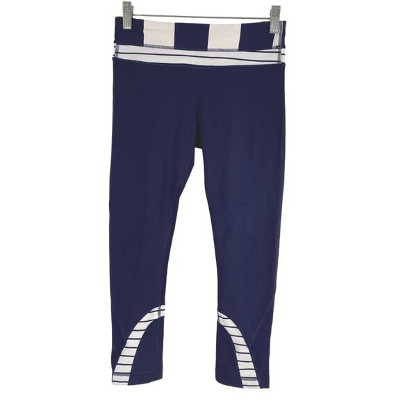 Lululemon Run Inspire Crop Leggings Size 4 Deep Indigo Wide Bold Stripe PT-2243‎ - Picture 1 of 11
